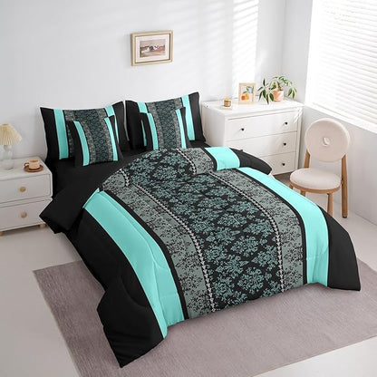 jejeloiu Adult Classic Jacquard 7 Piece Bedding Set Full Size Damask Pattern Comforter Set with Sheets for Boys Girls Black Teal Stripe Bed in a Bag Baroque Bed Set