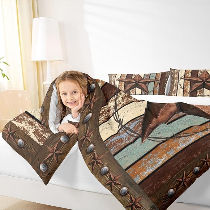 Western Texas Star Kids Comforter Set Twin Size,Vintage Wooden Plank Bedding Set,Girls Boys Adults Bedroom Decor,Rustic Farmhouse West Cowboy Down Comforter,Brown Retro Duvet Insert,1 Pillowcase