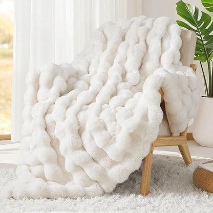 Touchat Luxury 1000GSM Rabbit Faux Fur Blanket, Super Heavy Warm Cozy Brown Blankets for Couch Bed Sofa, Ruched Plush Fuzzy Elegant Soft Reversible Mink Blanket for Living Room Bedroom, 90" x 90"