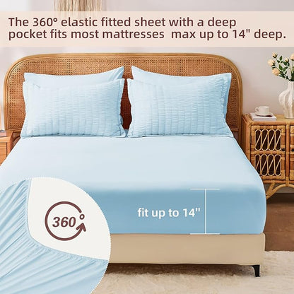 FUANNA Queen Comforter Set 7 Pieces, Luxury Seersucker Bed in a Bag Queen Size for All Seasons, Soft Bedding Set with Comforter, Flat Sheet, Fitted Sheet, Pillowcases & Shams for Bedroom, Light Blue