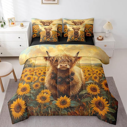 Erosebridal Highland Cow and Sunflowers Bedding King, Rustic Farmhouse Cows Print Bed Set, Sunflower Decor Farm Animal Comforter + Flat Sheet + Fitted Sheet + 2 Pillowcases + 2 Throw Pillow Covers