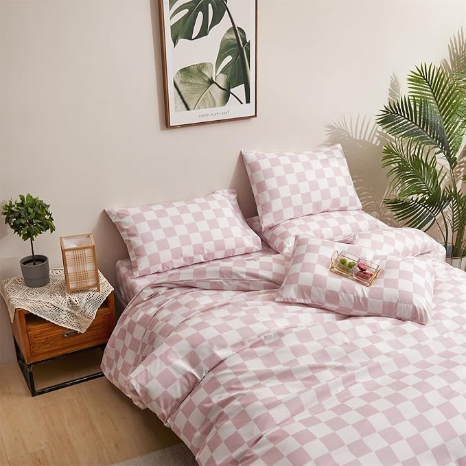 CLOTHKNOW Pink White Plaid Twin Comforter Set Grid Bedding Comforter Sets Soft Checker Comforters with 2 x Pillow Cases
