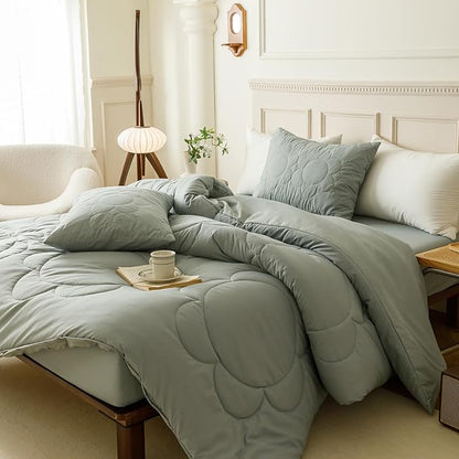 CLOTHKNOW Grayish Blue Full Comforter Set 3Pcs Daisy Puff Bedding Comforter Sets Dusty Floral Comforter Mineral Blue Comforter Sets Full