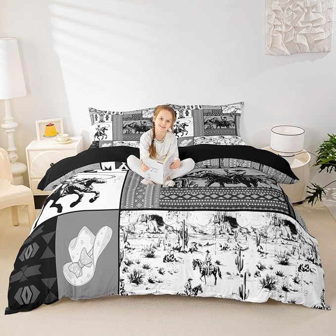 Feelyou Kids Grey Western Aztec Comforter Set Toddler Size Horse Bedding Set for Boys Girls Teens Bedroom Decor Wild Cowboy Boho Boho Rustic Farmhouse Tribal Duvet Quilt Breathable Soft 2Pcs