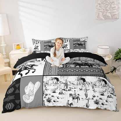 Feelyou Kids Grey Western Aztec Comforter Set Queen Size Horse Bedding Set for Boys Girls Teens Bedroom Decor Wild Cowboy Boho Boho Rustic Farmhouse Tribal Duvet Quilt Breathable Soft 3Pcs