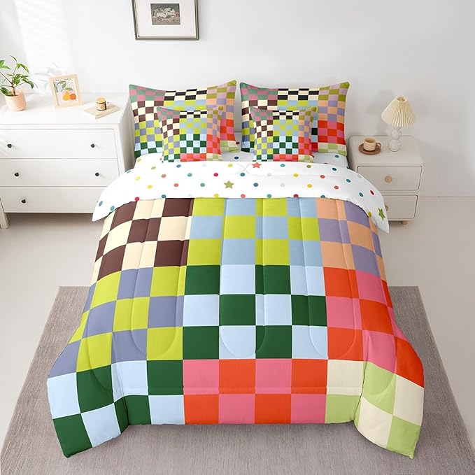 Feelyou Multicolored Checkered Retro 7 Piece Bedding Set Kids Boys Geometric Vintage Comforter Set with Sheets King Size Green Red Yellow Colorful Bed in a Bag Modern Groovy Aesthetic Room Decor