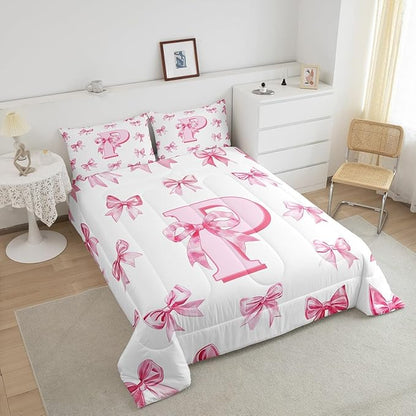 Erosebridal Initial Letter P Bedding Comforter Sets Pink Kawaii Bow Toddler Bedding Set for Girls,Dreamy Princess Letter Bowknot Comforter Set for Kids Teen Women Bedroom Decor,Cute Girly Bow Bed Set