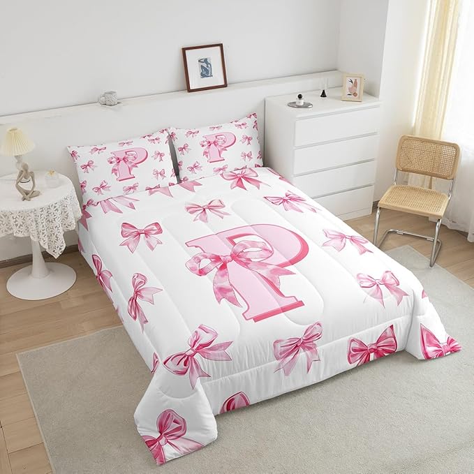 Erosebridal Initial Letter P Bedding Comforter Sets Pink Kawaii Bow Twin Bedding Set for Girls,Dreamy Princess Letter Bowknot Comforter Set for Kids Teen Women Bedroom Decor,Cute Girly Bow Bed Set