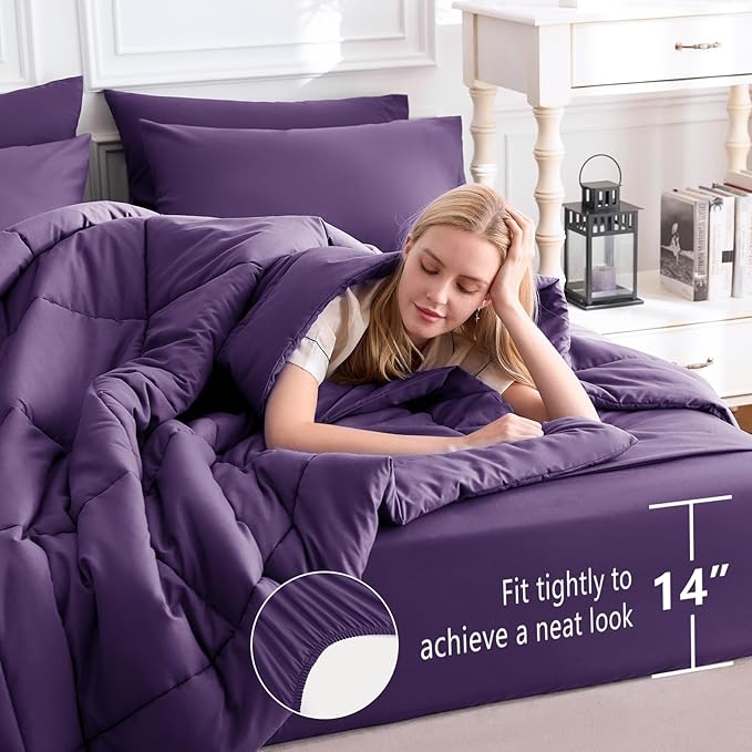 CozyLux King Size Comforter Set Purple, 7 Pieces Bed in a Bag, Purple Comforter King Size, All Season Bedding Sets with Stitch Quilted Comforter, Flat Sheet, Fitted Sheet, Pillowcases
