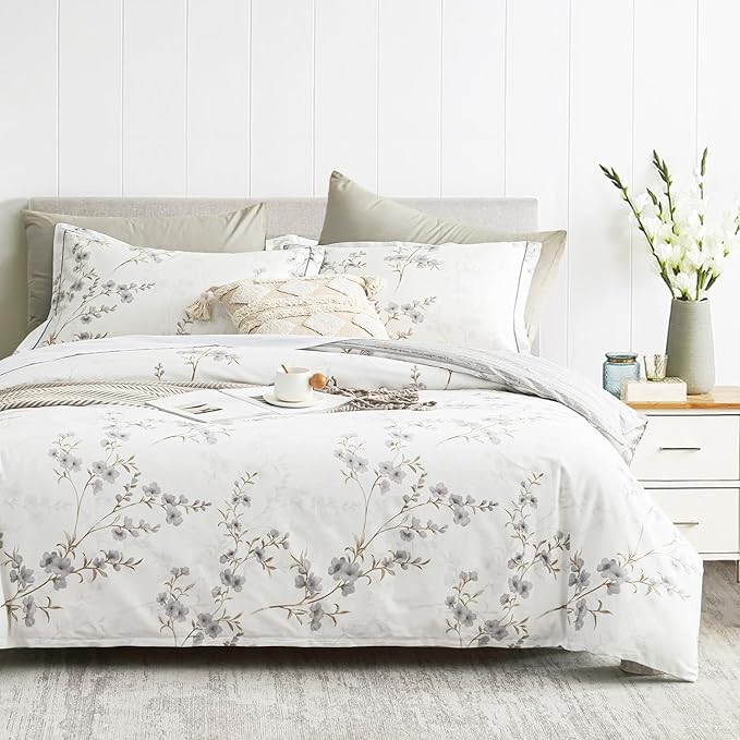 Vintage Botanical White Cotton Comforter Queen Size - Elegant Gray Flowers and Taupe Branches on White, Light Gray Striped Back, 3PC Lightweight Bedding Set with Ultra-Soft Alternative Fill