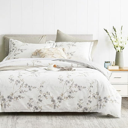Vintage Botanical White Cotton Comforter Queen Size - Elegant Gray Flowers and Taupe Branches on White, Light Gray Striped Back, 3PC Lightweight Bedding Set with Ultra-Soft Alternative Fill