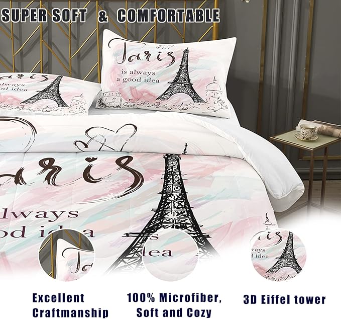 Bodhi Full Size Paris Comforter Set,Girls Pink Bedding Set,Cartoon Eiffel Tower Comforter Set Matching Pillowcase,Pink Girls Bed Set Full Size,Eiffel Tower Bedding Set