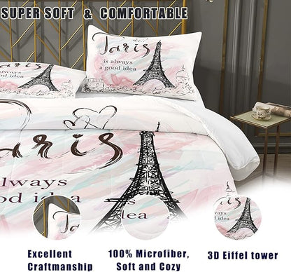 Bodhi Full Size Paris Comforter Set,Girls Pink Bedding Set,Cartoon Eiffel Tower Comforter Set Matching Pillowcase,Pink Girls Bed Set Full Size,Eiffel Tower Bedding Set
