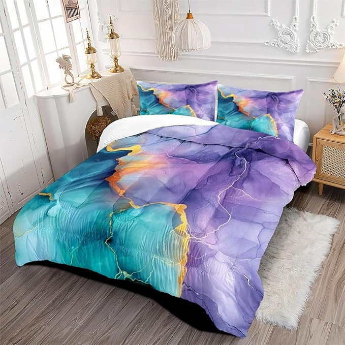 Blue Purple Marble Comforter Set Queen Size Teal Ombre Abstract Bedding Set Women Men Modern Aesthetic Comforters 3 Pieces Gold Marbling Art Bed Sets Soft Lightweight 90x90 Comforter Sets