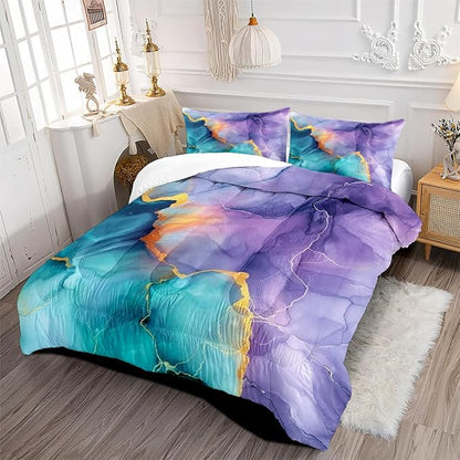 Blue Purple Marble Comforter Set King Size Teal Ombre Abstract Bedding Set Women Men Modern Aesthetic Comforters 3 Pieces Gold Marbling Art Bed Sets Soft Lightweight 104x90 Comforter Sets