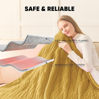 greenoak Heated Blanket Electric Queen Size 84"X90" Dual Control, Heating Blankets with 10 Levels 8 Hours Auto-Off, Soft Flannel House Warming Gifts for Grandma Seniors Mom, Brownish Yellow