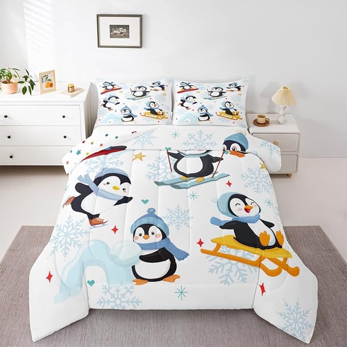 Merry Christmas Theme 3 Pcs King Size Comforter Set,Winter Snowflake New Year Down Alternative Adults Bedroom Decor,Cute Cartoon Skiing Penguin Ultra Soft Microfiber Inner Fill 3 Pcs Bedding