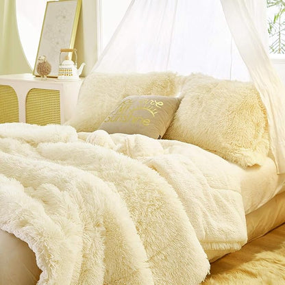 Flysheep Luxury Faux Fur Twin Size Winter Comforter Set Shaggy Velvet Cream Beige Long Hair, 3 Pieces Plush Flannel Sherpa Backing Reversible Soft Microfiber Super Warm Bedding Set for Holiday