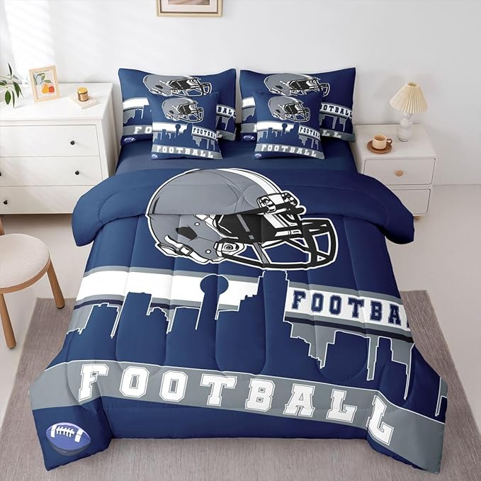 Erosebridal Football City 7 Pcs Comforter Set Full Football Bedding for Boys Girls Blue Rugby Game Sheet Set Bed in A Bag Football Fans Bedroom Decor Sports Ball Competition Bed Set
