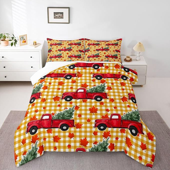 Erosebridal Christmas Comforter Set King, Red Truck Down Comforter, Xmas Tree Maple Leaves Bedding Set, Yellow Lattice Grid Comforters & Sets, Autum Quilt for Kids Teens Bedroom Decor