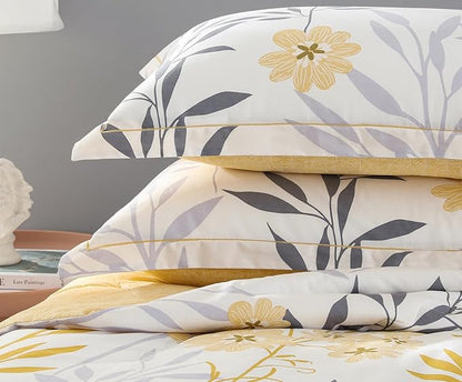 SLEEPBELLA Comforter Twin Size, 600 Thread Count Cotton Grey Branch with Yellow Flower & Grey Leaves Pattern Orange Reversible Comforter Set,Down Alternative Bedding Set 2Pcs(Twin, Yellow Botanical)