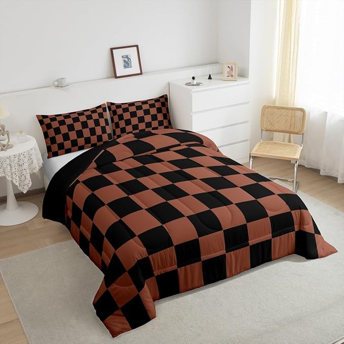 Feelyou Checkered Bedding Set Teen Women Men Brown Black Plaid Comforter Set Full Size Kids Boys Girls Cute Retro Neutral Checkerboard Geometric Duvet Insert Vintage Aesthetic Room Decor
