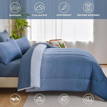 Anibedding King Size Comforter Set - 7 Pieces Soft Gradient Blue Bed in a Bag with Fitted Sheet, Flat Sheet, 2 Pillow Shams, and 2 Pillowcases - Warm Bed Set for All Season
