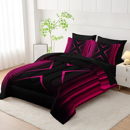 Pink Black Geometric Comforter Set King Size 7Pieces,3D Abstract Mordern Printed Bedding Set for Adults,Geometric Mordern Decor All Seasons with Pillowcases,Flat, Fitted Sheet