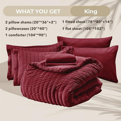 HYMOKEGE Burgundy King Size Comforter Set Seersucker 7 Pieces, All Season Luxury Bed in a Bag for Bedroom, Bedding Set with Comforters, Sheets, Pillowcases & Shams
