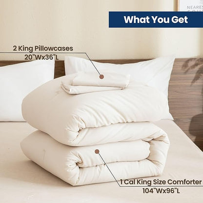 Paxrac Beige Comforter Set California King, Cream 3 Pieces Oversized King Comforter, Lightweight Solid Neutral Bedding Set, All Seasons Soft Cal King Comforter Set (104x96In Comforter & 2 Pillowcases)