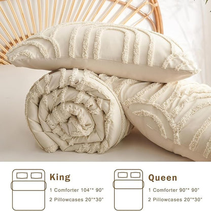 Boho Tufted Comforter Queen Size Beige Geometric Tufted Comforter Set Bohemian Arch Tufted Bed Set 3 Pieces Shabby Chic Embroidery Soft Jacquard Bedding for All Seasons with 2 Pillowshams
