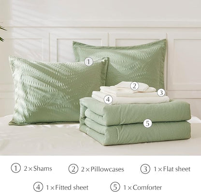 Geniospin Queen Comforter Set - 7 Pieces Botanical Textured Sage Green Bedding Sets, Boho Shabby Chic Comforter Set, All Season Lightweight Bed in a Bag with Comforter, Sheets, Pillowcases & Shams