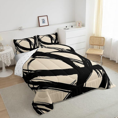 Erosebridal Black and Beige Abstarct Queen Comforter Set for Adult Women Men, Geometric Striped Bedding Set for Minimalists,Graffiti Aesthetic Lines Quilt,Contemporary Boho Modern Art Duvet Insert