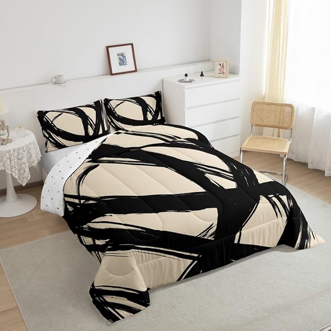 Erosebridal Black and Beige Abstarct Toddler Bedding Set,Aesthetic Geometric Comforter Set for Minimalists,Graffiti Stripes Lines Quilt,Contemporary Boho Modern Art Duvet Insert for Minimalism