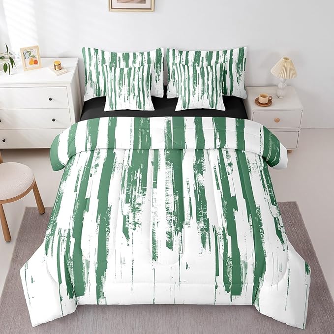 Erosebridal 7Pcs Sage Green Striped Comforter Set Queen,Turquoise Geometric Abstract Bed in A Bag,Art Ink Painting Bedding with Bed Sheets,Contemporary Watercolor Graffiti Boho Quilt with Pillowcases