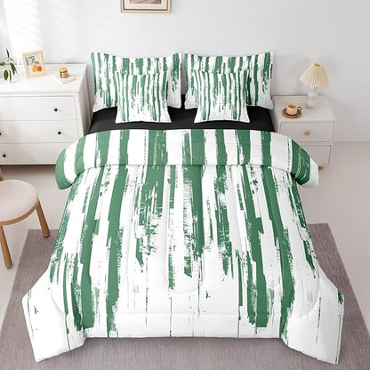 Erosebridal 7Pcs Sage Green Striped Comforter Set King,Turquoise Geometric Abstract Bed in A Bag,Art Ink Painting Bedding with Bed Sheets,Contemporary Watercolor Graffiti Boho Quilt with Pillowcases