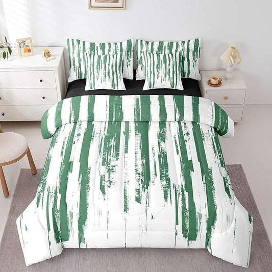 Erosebridal 7Pcs Sage Green Striped Comforter Set Twin,Turquoise Geometric Abstract Bed in A Bag,Art Ink Painting Bedding with Bed Sheets,Contemporary Watercolor Graffiti Boho Quilt with Pillowcases