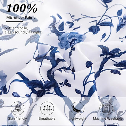 Dobuyly Floral Comforter Full Size, 7 Piece Bed in a Bag Full Blue Flowers on White Botanical Bedding Set, Soft Microfiber Bedding Comforter Sets for All Season