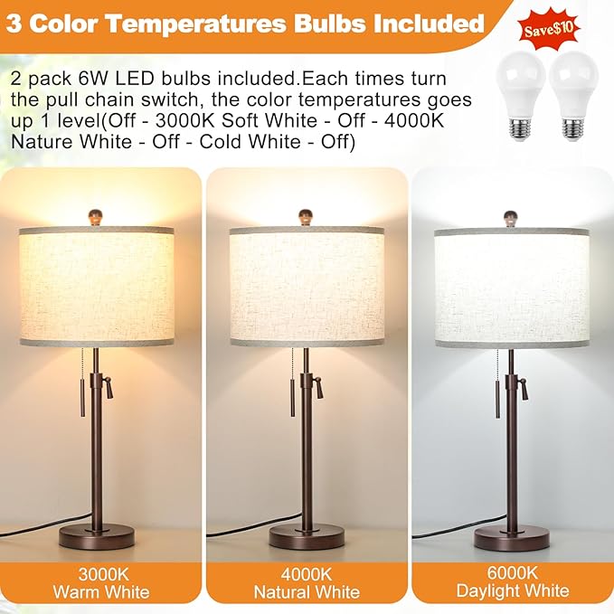 Table Lamps for Bedrooms Set of 2, 22" to 30" Height Adjustable Nightstand Lamps with Linen Shade, Pull Chain Switch Lamps for Living Room, 3 Way Dimmable Beside Lamp