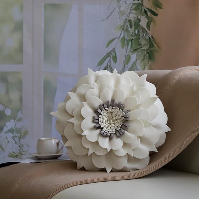 3D Flower Decorative Throw Pillow Accent Handmade Round Pillow Cushion with Insert for Home Couch Bedroom Decor 13 x 13 Inch White