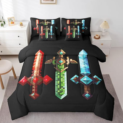 Colorful Sword 7Pcs Comforter Set Full Size,Sandbox Building Games Bedding Sets for Kids Girls Boys Adult Room Decor,Geometric Block Fitted Flat Sheet Modern Miner Black 2 Throw Pillow,2 Pillowcases