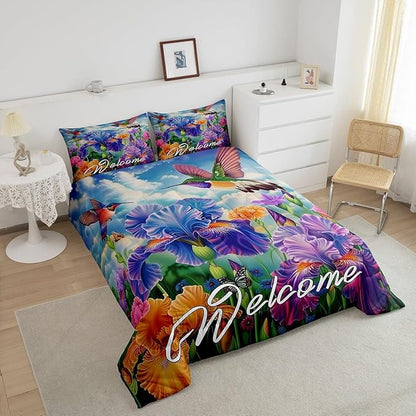 Erosebridal Tropical Hummingbird Bedding Sets Full Purple Iris Flower Comforter Set for Kids Girls Women Cute Bird Butterfly Bed Comforter Set Farmhouse Garden Blossom Floral Quilt Duvet
