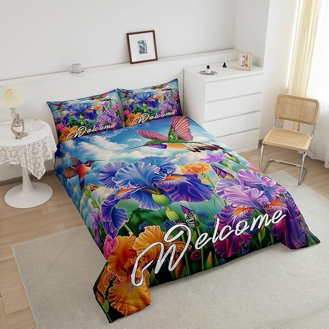 Erosebridal Tropical Hummingbird Bedding Sets Twin Purple Iris Flower Comforter Set for Kids Girls Women Cute Bird Butterfly Bed Comforter Set Farmhouse Garden Blossom Floral Quilt Duvet