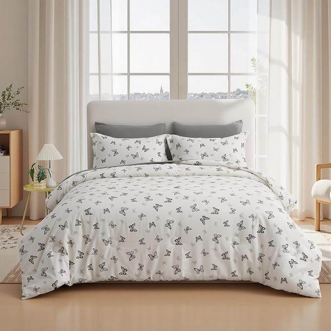 7 Pieces Black Butterfly Comforter Set for Girls Kids Soft Fluffy Bedding Set Twin Size Bed in A Bag as Gifts (1 Comforter, 1 Flat Sheet, 1 Fitted Sheet, 2 Pillowcase and 2 Pillow Sham)