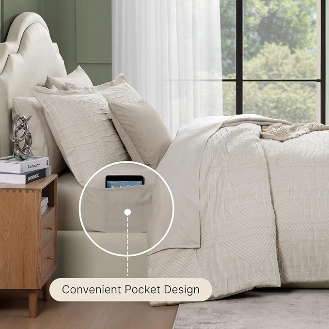 MaiRêve King Comforter Set Beige, Crinkle Textured Design Boho Bedding Set 7 Pieces Bed in A Bag, All Season Geometric Comforter Set with Sheets, Pillowcases & Shams