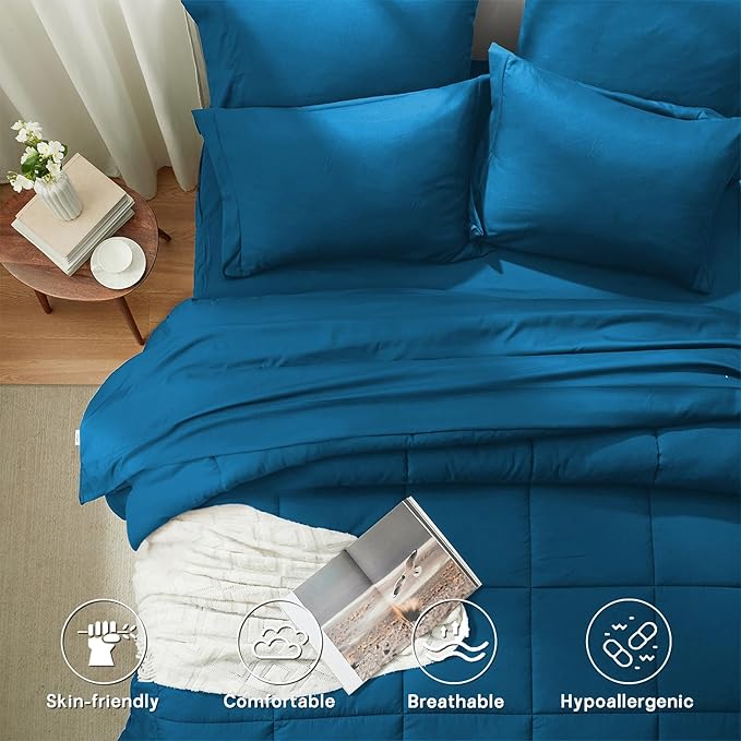Anluoer Queen Comforter Set 7 Piece, Teal Bed in a Bag with Sheets, Comforters Queen Size Bedding Sets with 1 Comforter, 2 Pillow Shams, 2 Pillowcases, 1 Flat Sheet,1 Fitted Sheet