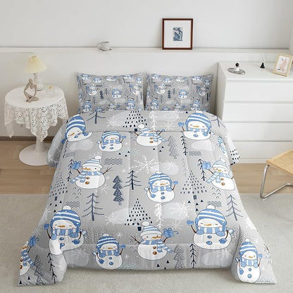 Cartoon Snowman Kids Comforter Set Full Size,Merry Christmas Bedding Set 3Pcs Xmas Tree Snowflake Print Quilt Set for Girls Boys Teens Room Decor Blue Grey White Duvet Insert,2 Pillowcases