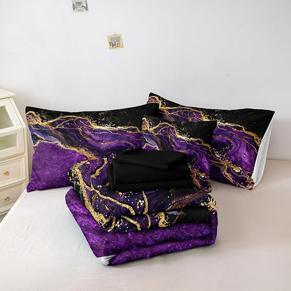 Black Gold Comforter Set - 6 Pcs Purple Marble Bedding Set Twin Size Bed in A Bag - Stone Texture Abstract Room Decor - Purple and Black