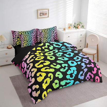 Leopard Print Comforter Set in a Bag 7 Pcs,Rainbow Cheetah Print Bed Set,Colorful Wild Animal Skin Print Bedding Sets,Twin Size(1 Comforter,2 Pillowcase,2 Pillow Covers,1 Flat Sheet,1 Fitted Sheet)