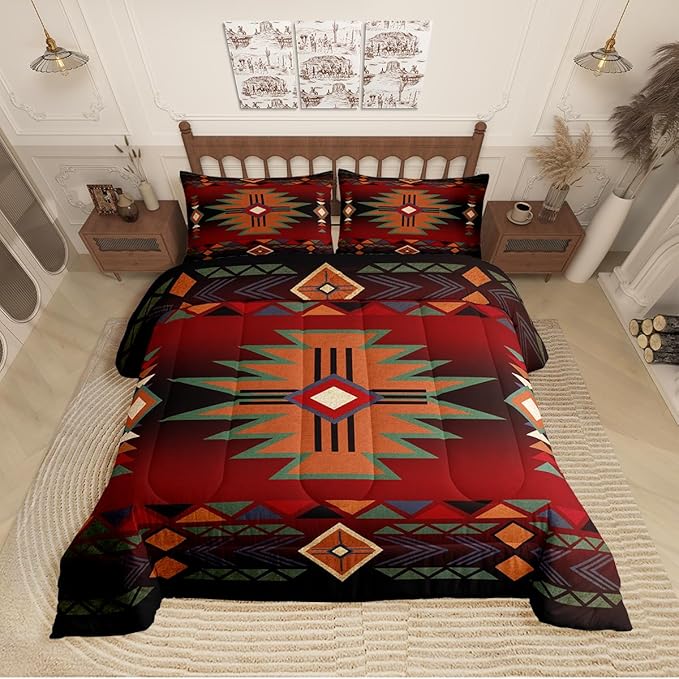 Western Comforter Set King Size,Red Black Cowboy Cowgirl Bedding Set for Boys Girls,Kids Adult Aztec Native Tribal Quilt Set Retro Geometric Arrow Striped Bohemian Duvet Insert,2 Pillowcases